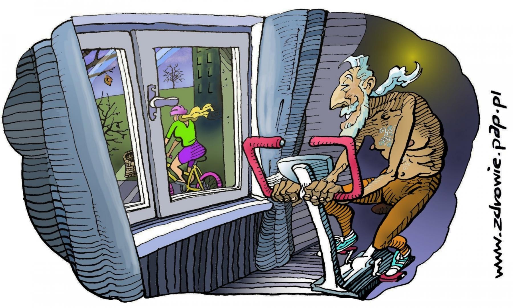Ilustracja rehabilitacji ruchowej seniorów / Rys. Krzysztof "Rosa" Rosiecki