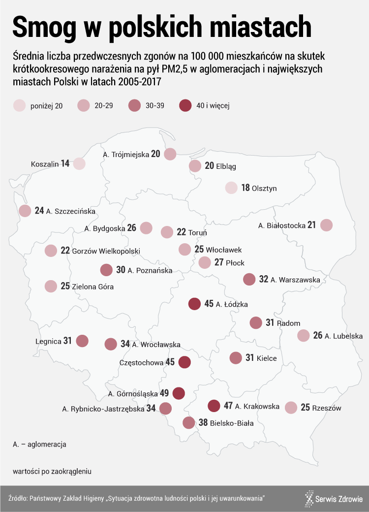 Infografika PAP/Serwis Zdrowie_mapa Polski z liczbą zgonów/100 000 spowodowanych smogiem